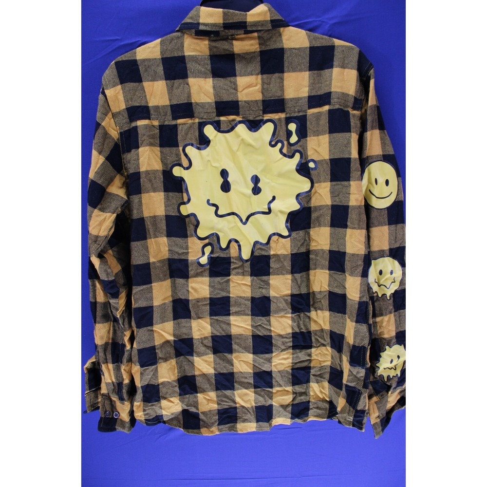 VSTR Long‎ Sleeve Shirt Button Up Plaid Sunbaked Yellow Black Smiley Face Size M